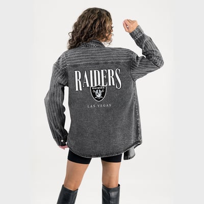  Las Vegas Raiders Gameday Couture Women's End Zone Energy Rhinestone Washed Full-Snap Denim Overshirt - Black