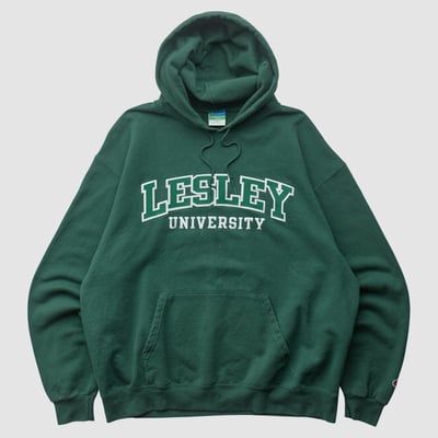 Lesley University Champion 2010s Hooded Pullover Sweatshirt - Green - M by Fanatics Real Vintage