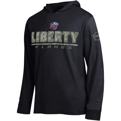  Liberty Flames Champion Operation Hat Trick Camo Script Hooded Long Sleeve T-Shirt - Black