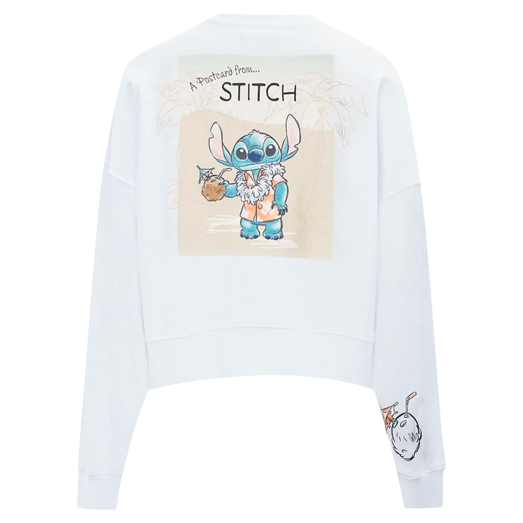 Lilo and Stitch Freeze Max Women's Postcard Loose Fit Cropped Pullover Sweatshirt - White