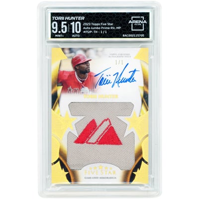 Torii Hunter Los Angeles Angels Autographed 2023 Topps Five Star Jumbo Patch Game Used Majestic Logo Dual-Color Relic #FSJP-TH #1/1 Arena Club Authenticated 9.5/10 Card