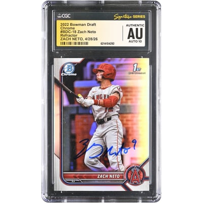 Zach Neto Los Angeles Angels Autographed 2022 Bowman Chrome Draft Refractor #BDC-18 CGC Fanatics Witnessed Authenticated AUTO 10 Card