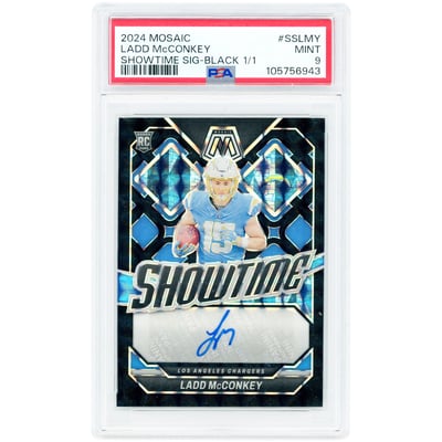 Ladd McConkey Los Angeles Chargers Autographed 2024 Panini Mosaic Showtime Signatures Black Prizm #SS-LMY #1/1 PSA Authenticated 9 Rookie Card