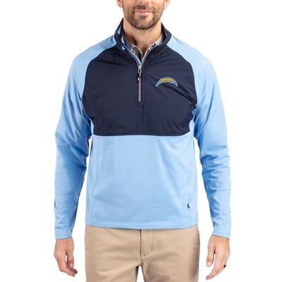 Los Angeles Chargers Cutter & Buck Adapt Eco Knit Hybrid Recycled Quarter-Zip Raglan Jacket - Navy/Powder Blue