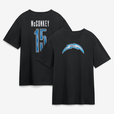 Ladd McConkey Los Angeles Chargers Metallic Mascot Name & Number T-Shirt - Black