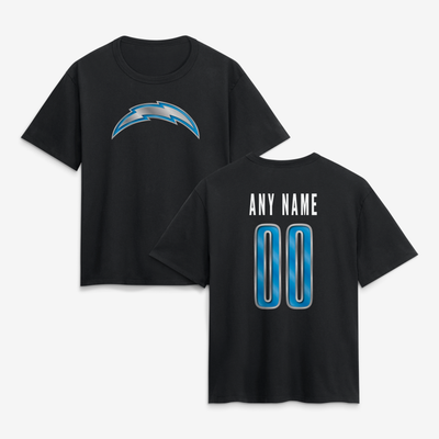 Los Angeles Chargers Women's Metallic Mascot Personalized Name & Number T-Shirt - Black