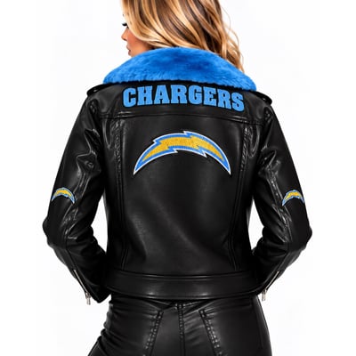 Los Angeles Chargers FABGATING by Cuce Women's Vegan Leather Faux Fur Moto Full-Snap Jacket - Black/Powder Blue