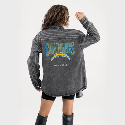  Los Angeles Chargers Gameday Couture Women's End Zone Energy Rhinestone Washed Full-Snap Denim Overshirt - Black