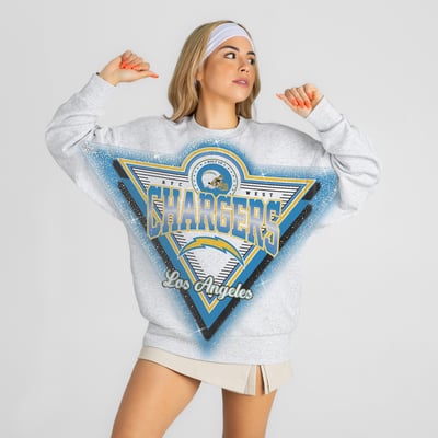 Los Angeles Chargers Gameday Couture Women's Chasing Victory Rhinestone Spray Oversized Fleece Sweatshirt - Heather Gray