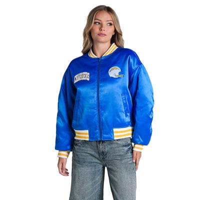  Los Angeles Chargers The Wild Collective Women's Satin Full-Zip Bomber Jacket - Royal