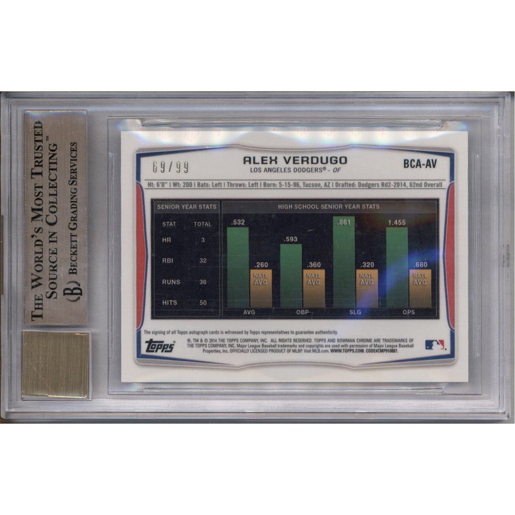 2014 Bowman Chrome Draft Auto Green Refractor #BCAAV Alex Verdugo RC /99 BGS 9.5