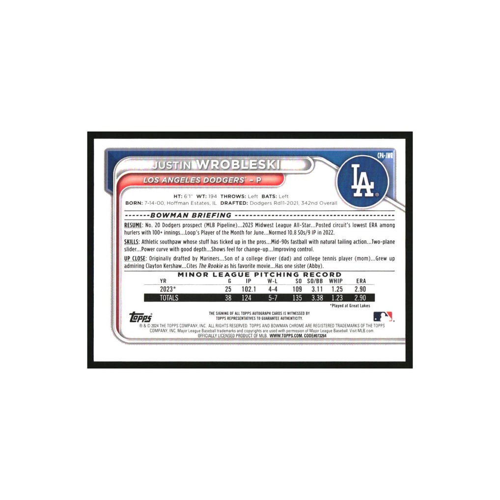 2024 Bowman Chrome Prospect Autographs #CPAJWR Justin Wrobleski RC 