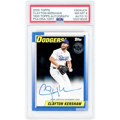 Clayton Kershaw Los Angeles Dodgers Autographed 2025 Topps 1990 Topps Design Black #90AU-CK #9/10 PSA Authenticated 8/10 Card