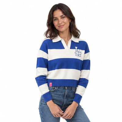 Los Angeles Dodgers Lusso Women's Silvia Boxy Rugby V-Neck Sweater - Royal/Cream