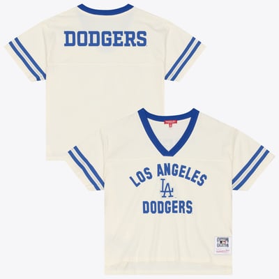  Los Angeles Dodgers Mitchell & Ness Women's Cooperstown Collection Retro Roots Crop Boxy Yoke T-Shirt - Cream