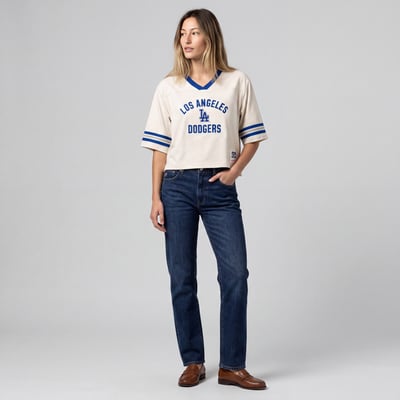  Los Angeles Dodgers Mitchell & Ness Women's Retro Roots Hardwood Classics Cropped Boxy Yoke V-Neck T-Shirt - Cream