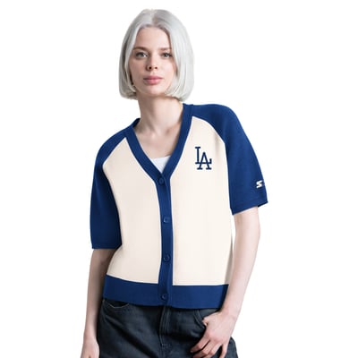 Los Angeles Dodgers Starter Women's Cooperstown Collection Key Player Tri-Blend Cropped Button-Up Raglan Short Sleeve Sweater - Cream
