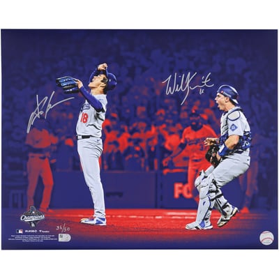 Yoshinobu Yamamoto & Will Smith Los Angeles Dodgers Autographed 2025 MLB World Series Champions 16" x 20" Last Out Photograph - Dodgers Colorway - Limited Edition of 50