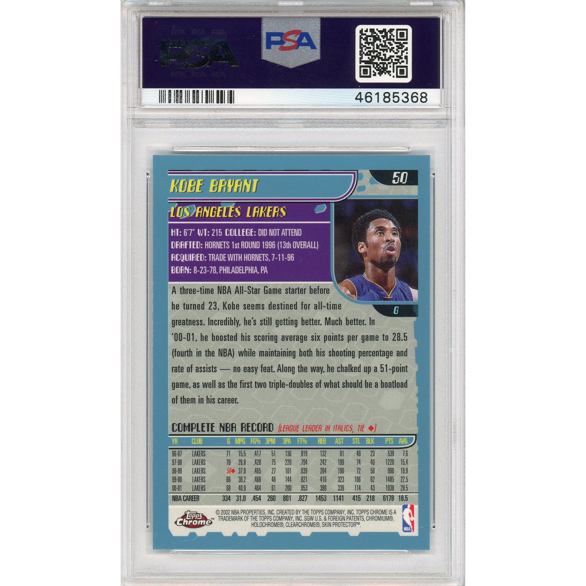 Los Angeles Lakers Kobe Bryant 2001 Topps Chrome #50 PSA 9 Card