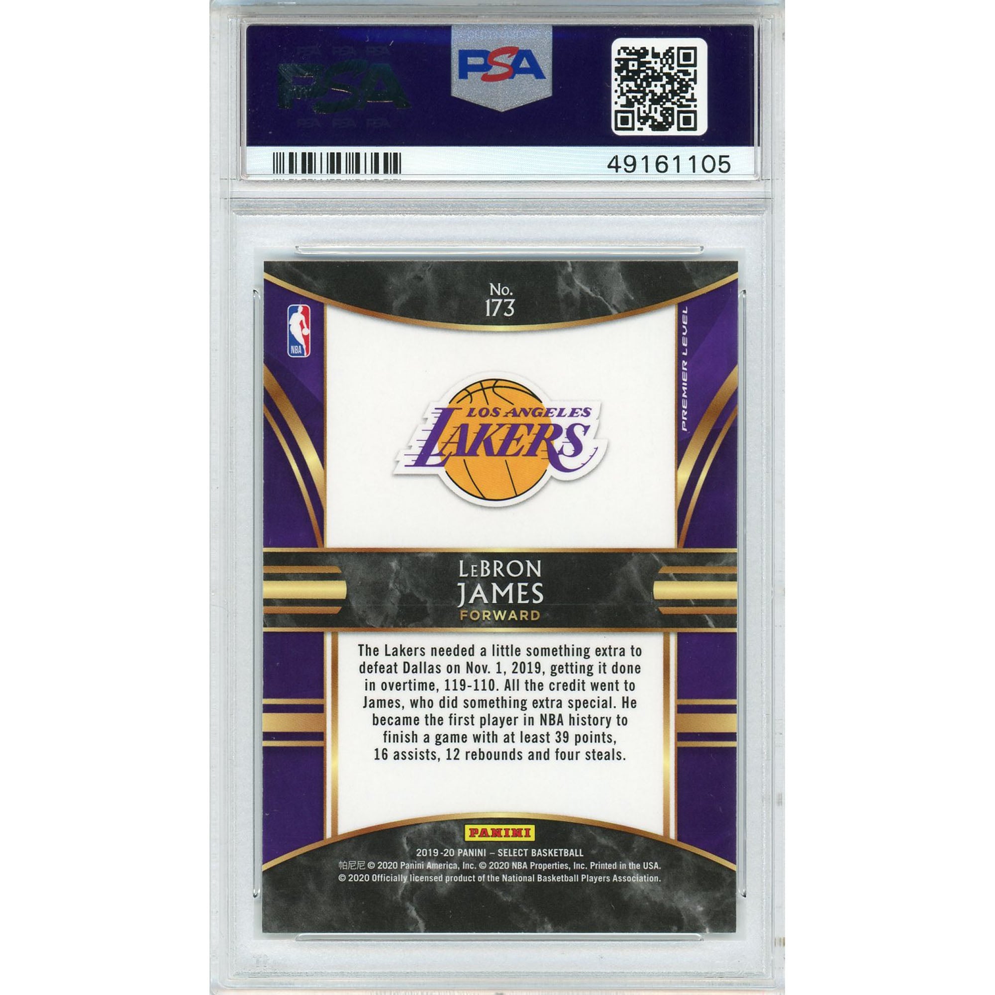 Los Angeles Lakers LeBron James 2019 Panini Select #173 Card - PSA 10
