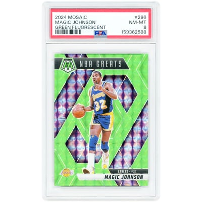 Magic Johnson Los Angeles Lakers 2024 Panini Mosaic Green Fluorescent Prizm #296 #4/10 PSA Authenticated 8 Card