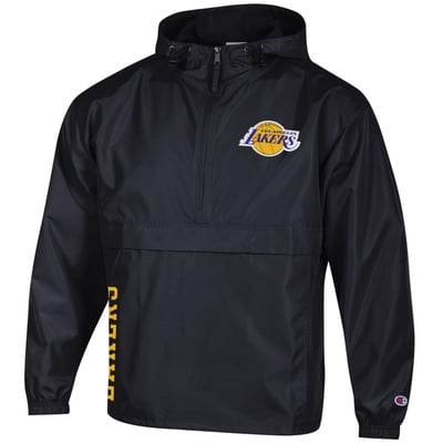  Los Angeles Lakers Champion Packable Lightweight Hooded Windbreaker Half-Zip Jacket - Black