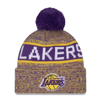 Los Angeles Lakers New Era Tri-Color Cuffed Knit Hat with Pom - Purple/Gold