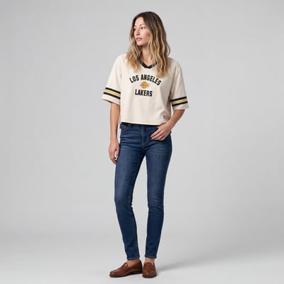  Los Angeles Lakers Mitchell & Ness Women's Retro Roots Hardwood Classics Cropped Boxy Yoke V-Neck T-Shirt - Cream