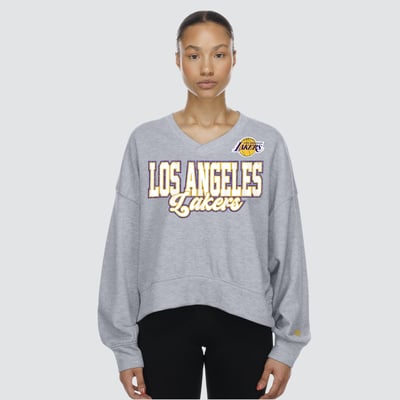 Los Angeles Lakers New Era Women's Oversized Cropped V-Neck Fleece Sweatshirt - Gray