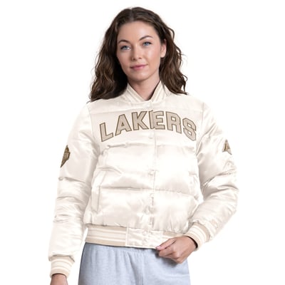 Los Angeles Lakers Starter Women's Pump Fake Puffer Full Snap Cropped Jacket - White