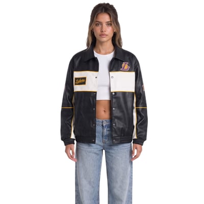  Los Angeles Lakers The Wild Collective Women's Faux Leather Racing Full-Snap Jacket - Black