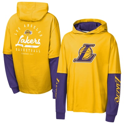Los Angeles Lakers Outerstuff Youth Double Nickel Oversized Faux 2fer Hooded T-Shirt - Gold
