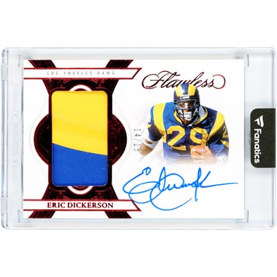 Eric Dickerson Los Angeles Rams Autographed 2025 Panini Flawless Ruby Patch Dual-Color Jersey Relic #PA-EDN #14/15 Card 