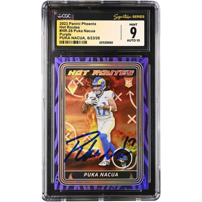 Puka Nacua Los Angeles Rams Autographed 2023 Panini Phoenix Hot Routes Purple #HR-26 #/125 CGC Fanatics Witnessed Authenticated 9/10 Rookie Card