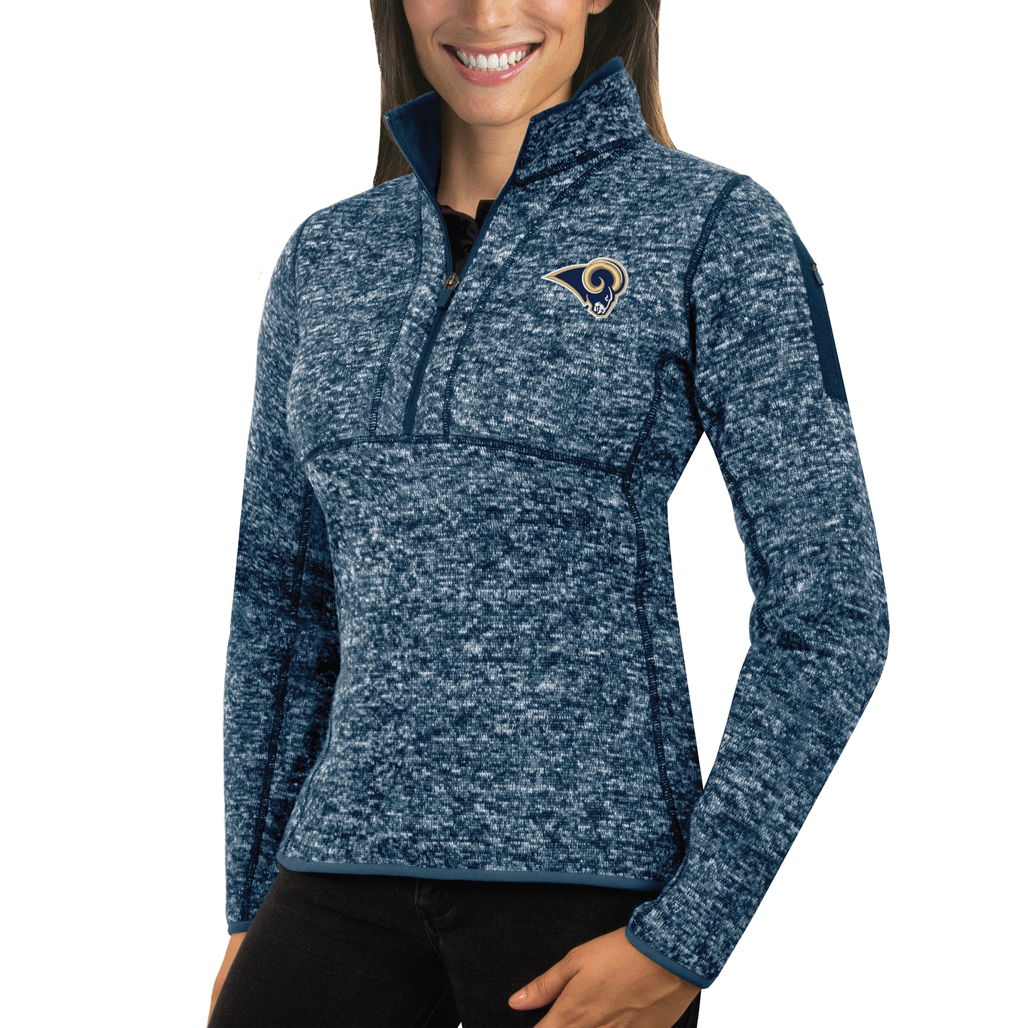 Women's Antigua Heather Navy Los Angeles Rams Fortune Half-Zip Sweater