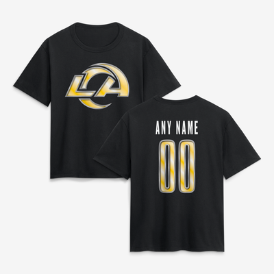 Los Angeles Rams Women's Metallic Mascot Personalized Name & Number T-Shirt - Black