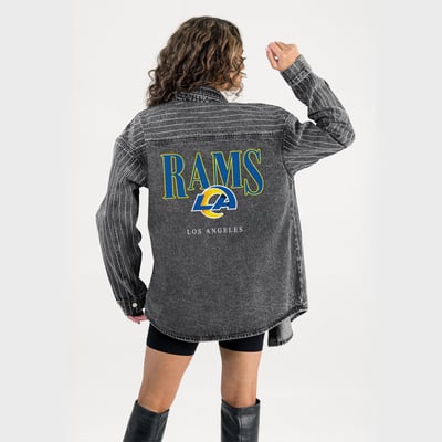  Los Angeles Rams Gameday Couture Women's End Zone Energy Rhinestone Washed Full-Snap Denim Overshirt - Black
