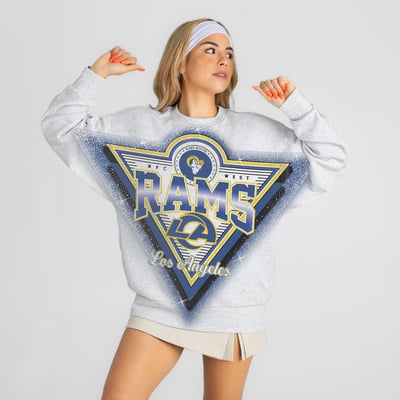 Los Angeles Rams Gameday Couture Women's Chasing Victory Rhinestone Spray Oversized Fleece Sweatshirt - Heather Gray