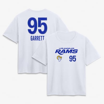 Myles Garrett Los Angeles Rams Women's Touchdown Wordmark Name & Number T-Shirt - White