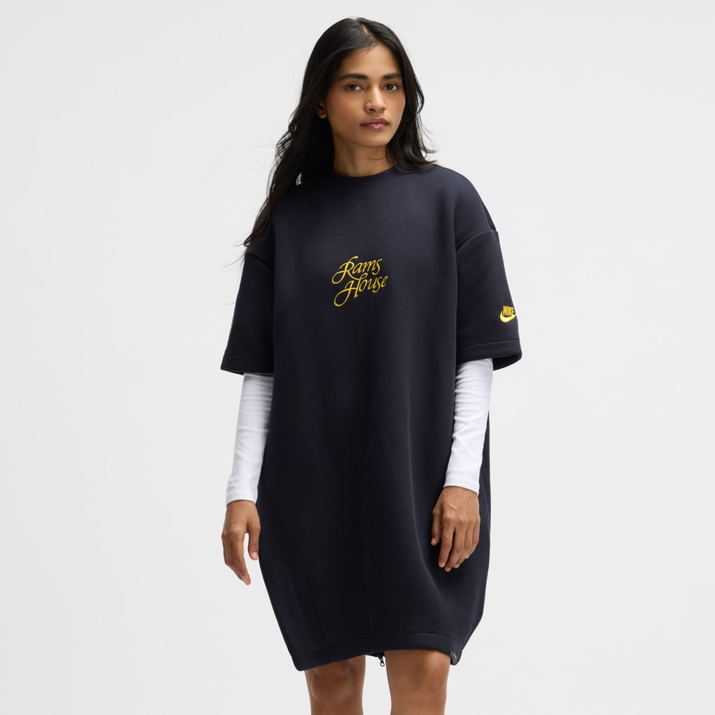 gold nike dress Women's Dark Blue Los Angeles Rams Rivalries Collection Oversized Tech Fleece Shimmer Dresses
