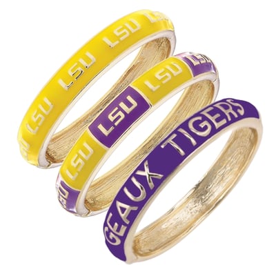 LSU Tigers CANVAS Style 18k Gold-Plated Logo & Slogan Hinge Bangle Set of 3