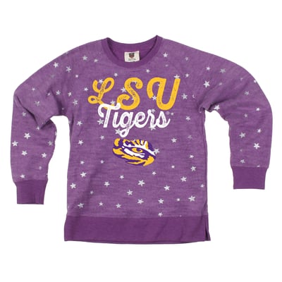 LSU Tigers Wes & Willy Girls Youth Shimmer Star Reverse Fleece Sweatshirt - Purple