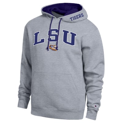  LSU Tigers Champion Arch Tackle Twill Hoodie - Heather Gray