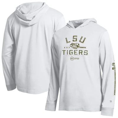  LSU Tigers Champion Operation Hat Trick Sleeve Line Hooded Long Sleeve T-Shirt - White