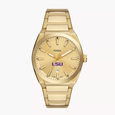  LSU Tigers Fossil Everett Three-Hand Date  Stainless Steel Watch - Gold