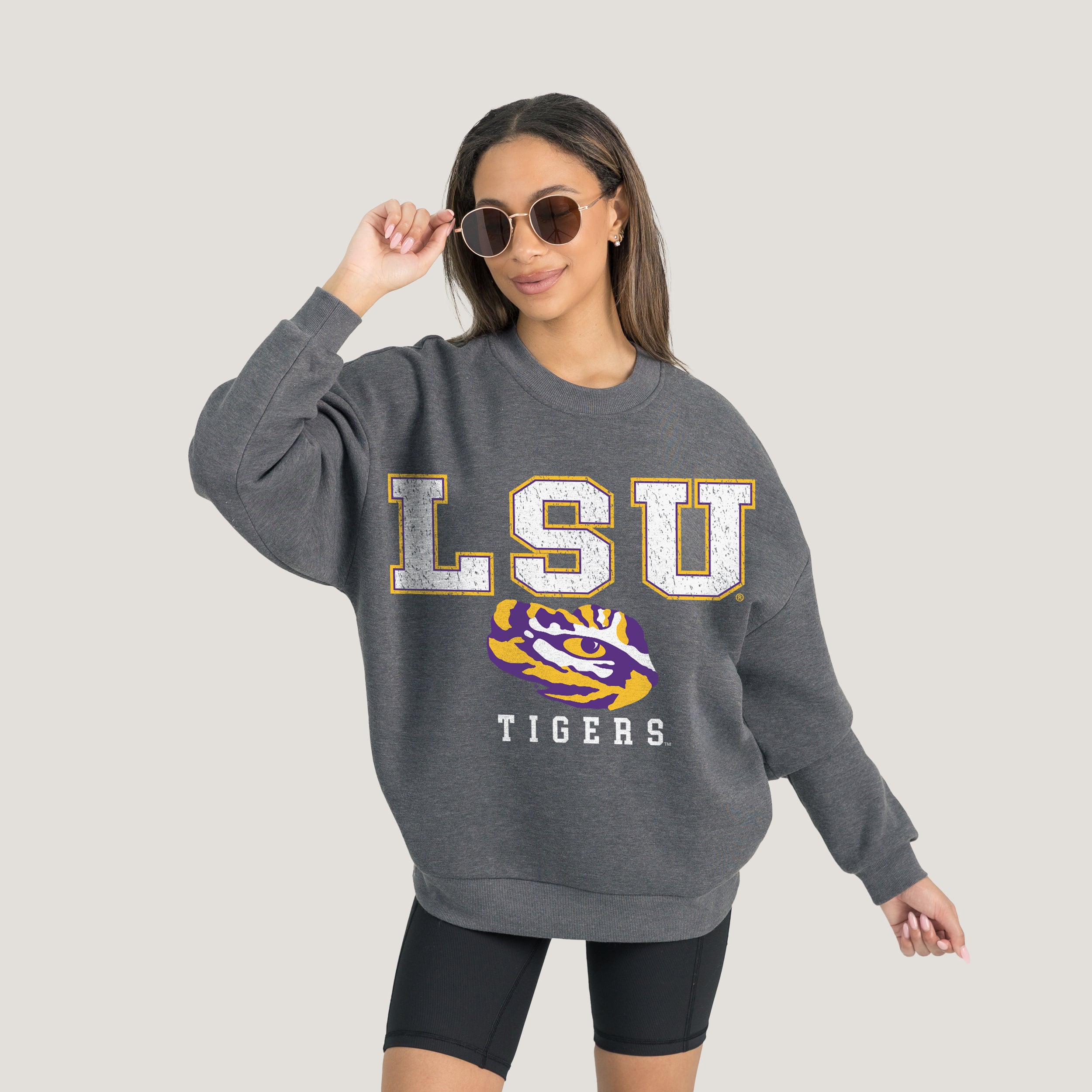 LSU Tigers Gameday Couture Women's Oversized Distressed Fleece Pullover Sweatshirt - Heather Charcoal