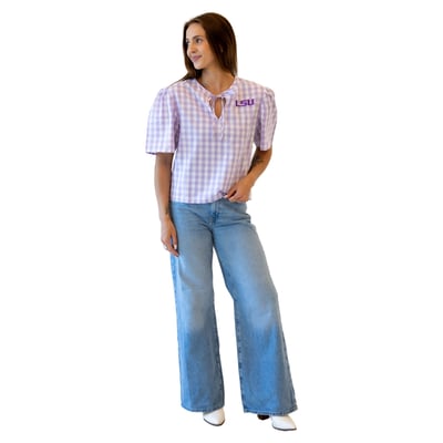  LSU Tigers Gameday Social Women's All-Over Gingham Blouse - Lavender