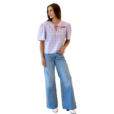  LSU Tigers Gameday Social Women's All-Over Gingham Blouse - Lavender