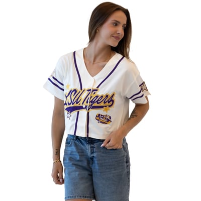LSU Tigers Gameday Social Women's Cropped Patch Baseball Fashion Jersey - Off White