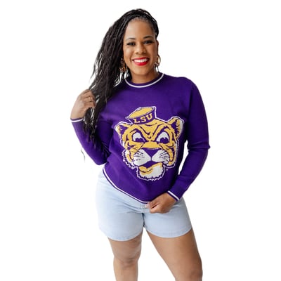  LSU Tigers Gameday Social Women's Intarsia Mascot Sweater - Purple